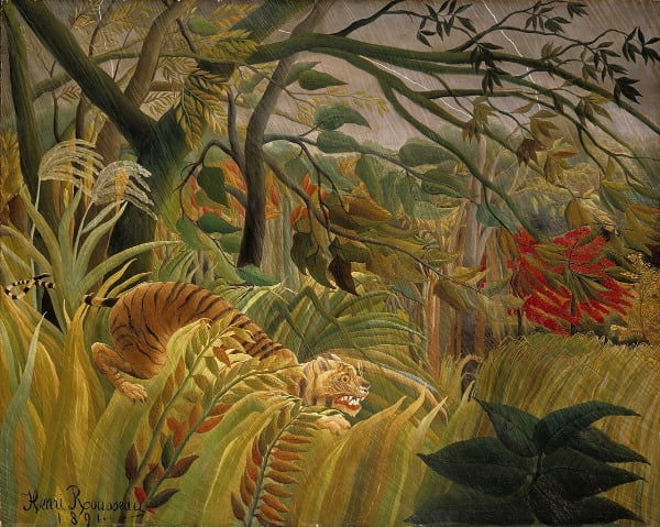 '호랑이가 있는 열대의 폭풍(놀라움!)'(1891). 이 작품은 당시 미술계에서도 호평받았다. 정글을 주제로 한 작품들을 통해 루소는 자신감을 얻을 수 있었다. /영국 내셔널갤러리 소장
