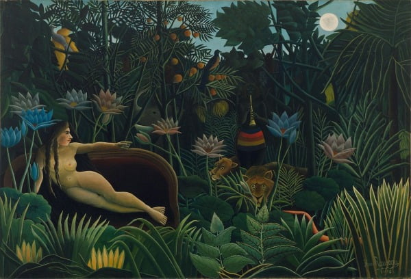 '꿈'(1910). 정글을 주제로 한 그림 대부분은 1904~1910년 완성됐다. 다양한 식물들을 자세히 그린 뒤 조화롭게 배치하는 과정에서 루소의 구성력과 상상력은 계속 향상됐다. /뉴욕 MoMA 소장