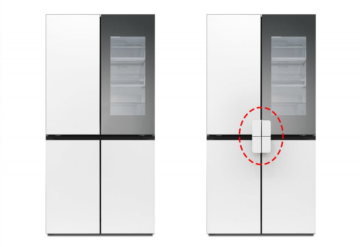 카지노 미국 디오스 냉장고에 유니버설 업 키트 '이지 핸들'을 적용하기 전(왼쪽)과 후의 모습. / 사진=LG전자 제공