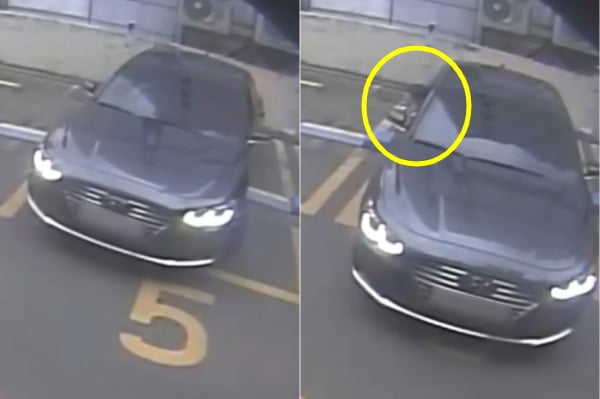 운전자가 수정 주차를 하는 모습(왼쪽), 충돌 소리를 듣고 차단기 쪽을 확인하는 운전자(오른쪽). /사진=유튜브 채널 '한문철 TV' 캡처