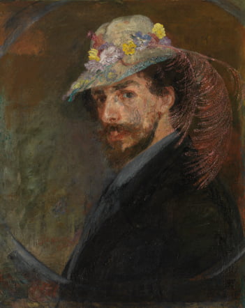 1883년 화가가 23세 때 그린 자화상 '꽃 장식 모자를 쓴 앙소르'. 화가는 그림 속에서 자신만만한 표정을 짓고 있다. 깃털과 꽃으로 장식한 모자, 수염은 플랑드르(벨기에) 출신 최고의 화가 루벤스의 자화상을 떠올리게 한다. 오스텐드 미술관 소장