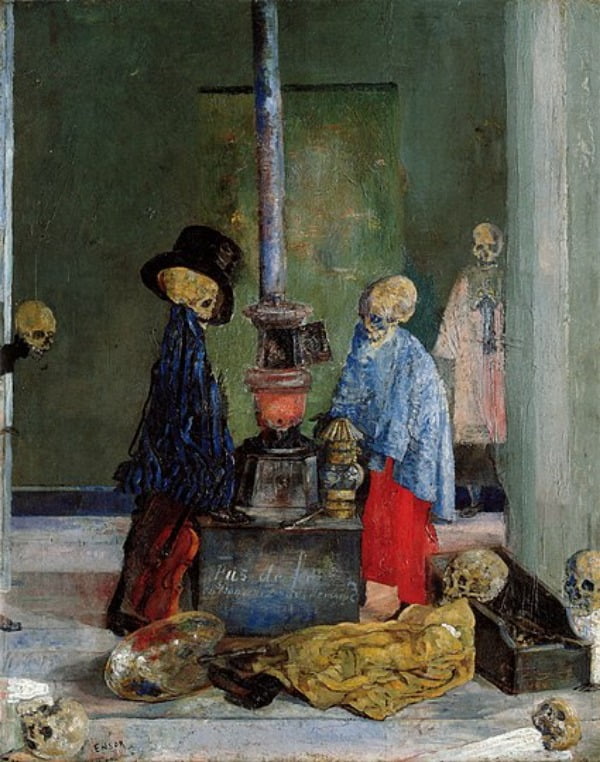 '몸을 덥히려는 해골들'(1889). 해골들이 난로까지 간신히 다가왔지만 난로는 이미 꺼져 있었다. 색채와 빛이 절묘하다. /텍사스 킴벨 미술관 소장