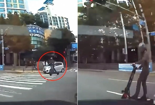우회전하고 있는 전동 킥보드 운전자(왼쪽), 크게 우회전해 2차선까지 넘어온 킥보드가 차량과 충돌하기 전 모습(오른쪽). /사진=유튜브 채널 '한문철 TV' 캡처