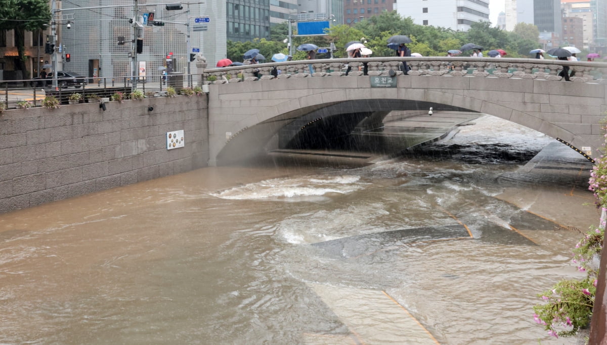 [포토] 빗물에 잠긴 청계천 산책로