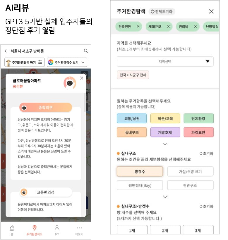 '부동산의 신' AI리뷰 화면과 주거환경 검색 기능. 