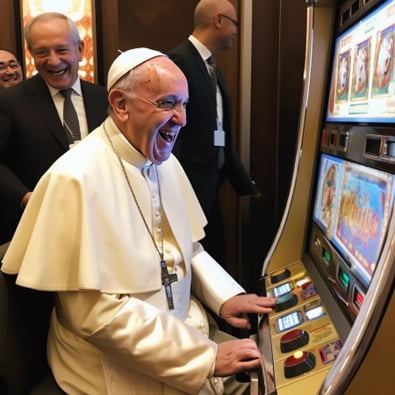 프란시스코 교황이 카지노 슬롯머신에서 잭팟을 터트리고 파안대소. 자료=트위터