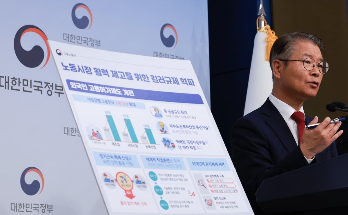 이정식 고용노동부 장관이 23일 정부서울청사 별관에서 '노동시장 활력 제고를 위한 킬러규제 혁파 방안'에 대해 발표하고 있다.