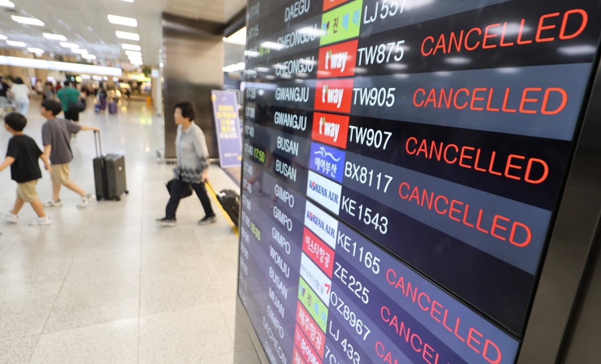 카지노 가입머니국제공항 운항 스케줄 안내 스크린에 항공기 결항을 알리는 안내 문구가 표시돼 있다./사진=연합뉴스