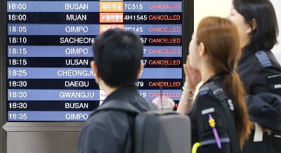 결항 또 결항…'카눈' 상륙에 제주공항 항공편 운항 차질