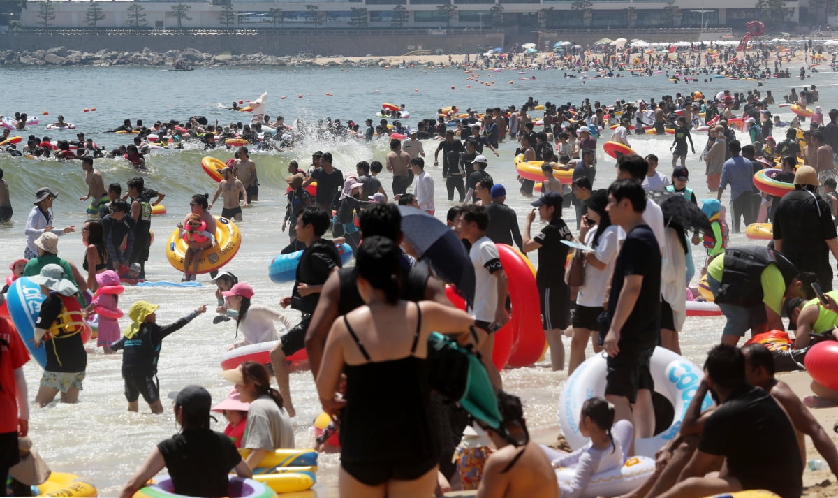 본격적인 피서철을 맞은 지난달 30일 오후 부산 해운대구 해운대해수욕장을 찾은 피서객들이 물놀이를 즐기며 더위를 식히고 있다. 사진=뉴스1