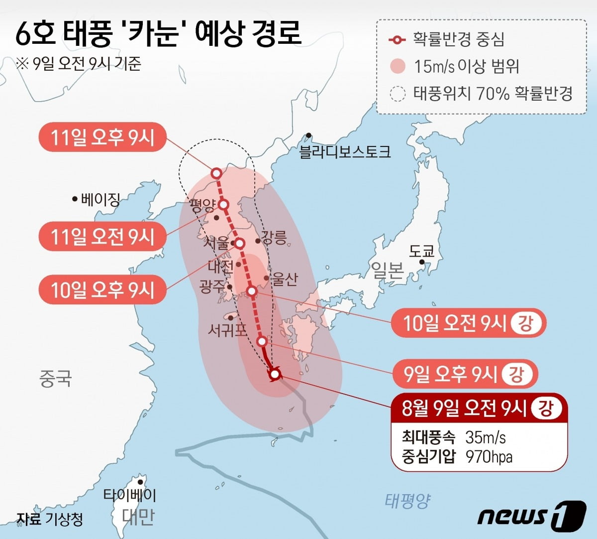 6호 태풍 '카눈' 예상 경로(9일 오전 9시 기준) 사진=뉴스1