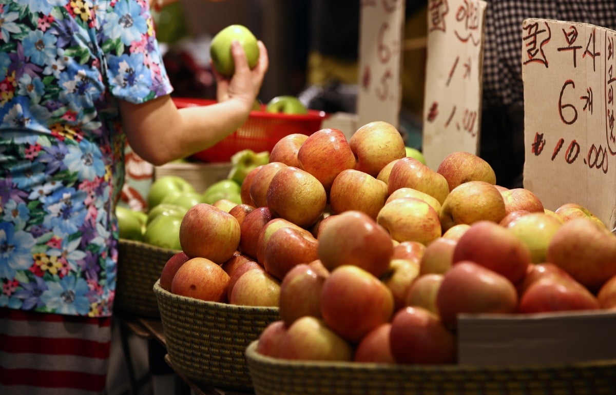 집중호우와 폭염으로 과일값이 오르고 있는 가운데 서울 시내 전통시장에서 시민이 사과를 구매하고 있다. 사진=뉴스1