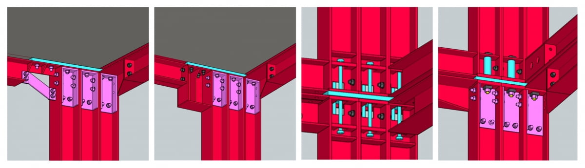 현대엔지니어링이 출원한 특허에서 채택한 최적의 모듈러 골조 접합을 위한 ‘네 가지 접합 방식’. (왼쪽부터 첫 번째, 두 번째는 고장력 볼트를 이용한 모듈러 골조 접합 방식. 세 번째, 네 번째는 모르타르를 주입하는 앵커 타입의 모듈러 골조 접합 방식). 사진=현대엔지니어링 