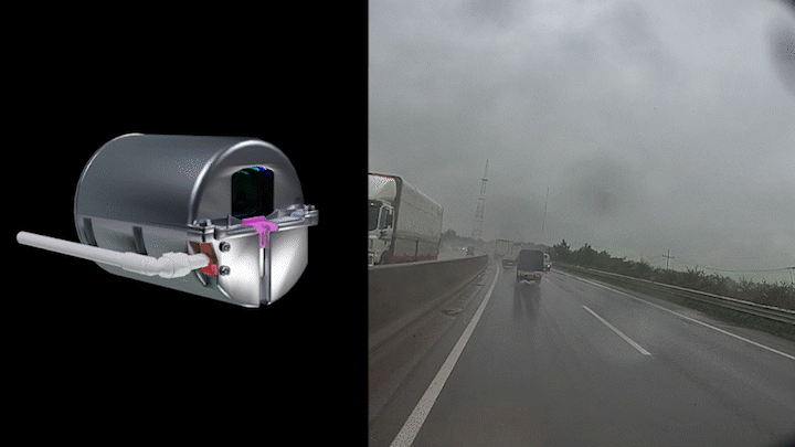 현대차·기아가 개발한 로테이터캠의 작동 원리(3D)와 로테이터캠을 작동한 차량이 실제 빗속을 주행하는 모습. /영상=현대차·기아