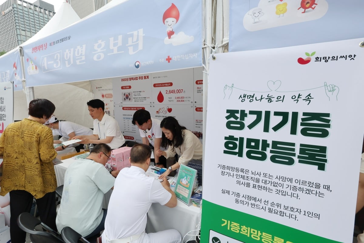 지난 6월 서울 광화문광장서 열린 2023년 헌혈자의 날 행사에 참여한 시민들이 장기기증 희망등록을 하고 있다. 사진=연합뉴스