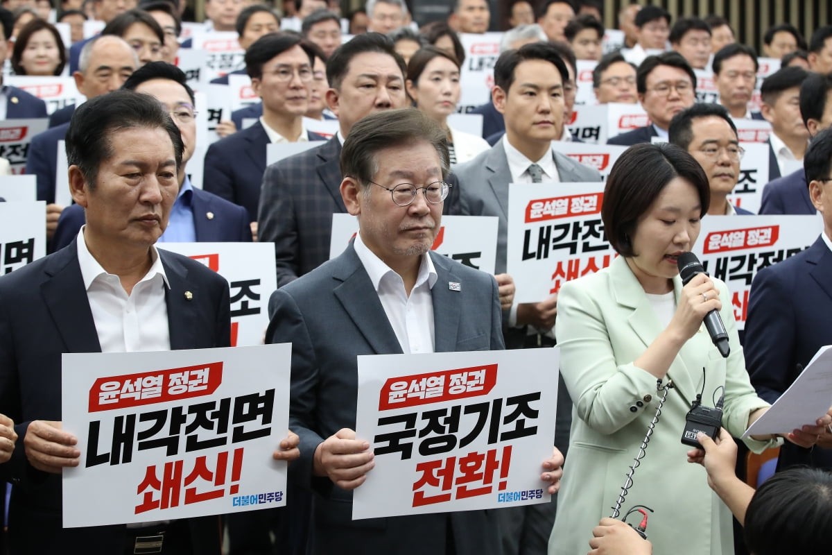 이재명 더불어민주당 대표와 민주당 의원들이 8일 국회에서 의원총회를 열고 '윤석열 정권 국정기조 전환'이 적힌 피켓을 들고 있다. 사진=뉴스1