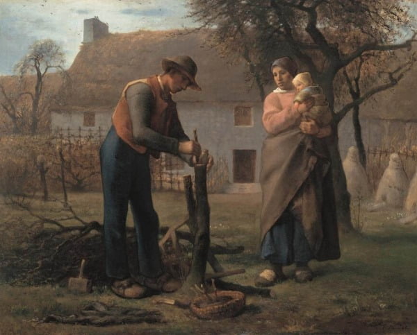 접붙이는 농부(1855). 밀레의 전기 작가인 생시에는 말했다. "천한 일을 하는 사람들이고, 잘생기고 예쁘지 않은데도, 우리를 사로잡고 꿈꾸게 한다." /노이에 피나코테크 소장