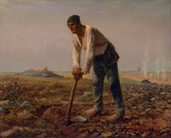 괭이에 기댄 남자(1860~1862). 살롱 입선작이지만 "농부가 아니라 살인자의 모습 같다"는 등 일부 평론가들의 혹평도 받았다. 아래에서 위로 올려다보는 구도를 통해 평범한 농부의 위대함을 강조한 것으로 해석된다. /폴 게티 미술관 소장