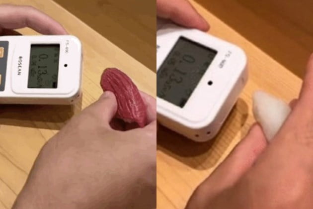 한 중국인 남성이 일본 초밥집에서 나오는 초밥 하나하나의 방사능 수치를 측정하는 모습을 찍어 공유해 논란이 일고 있다. /사진=더우인 캡처
