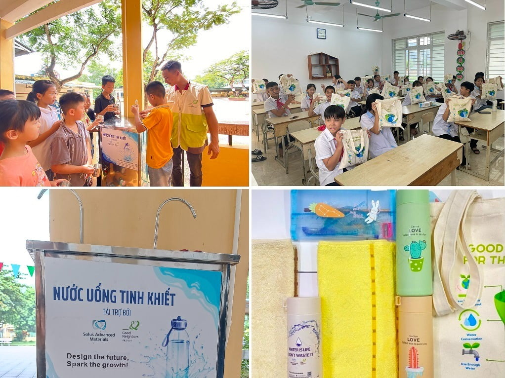 솔루스첨단소재는 11일 베트남 옌몽·통넛 학교에 식수정수시스템과 식수대 35개를 설치하고, 학생들에게 텀블러 등이 포함된 위생키트를 선물했다. / 사진=솔루스첨단소재