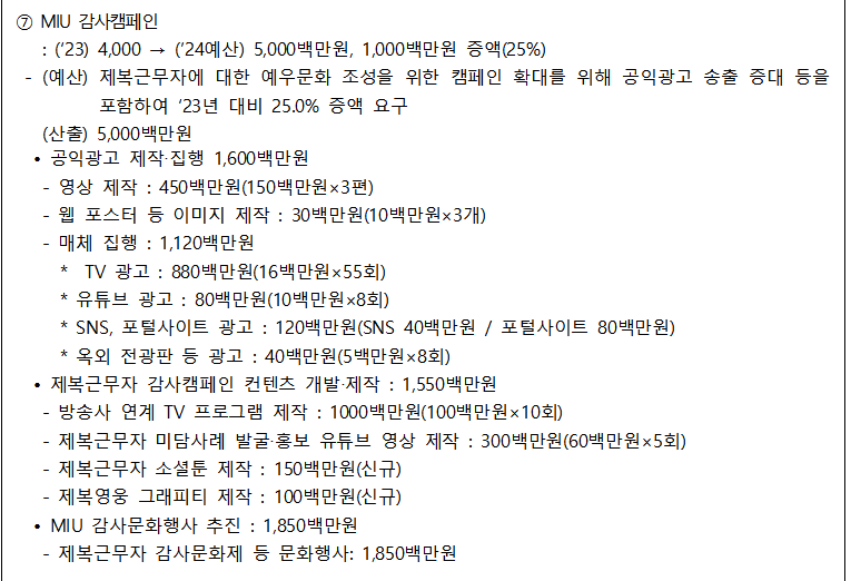 국가보훈부가 제시한 MIU 감사캠페인 세부 사업 내역. 김한규 더불어민주당 의원실 제공