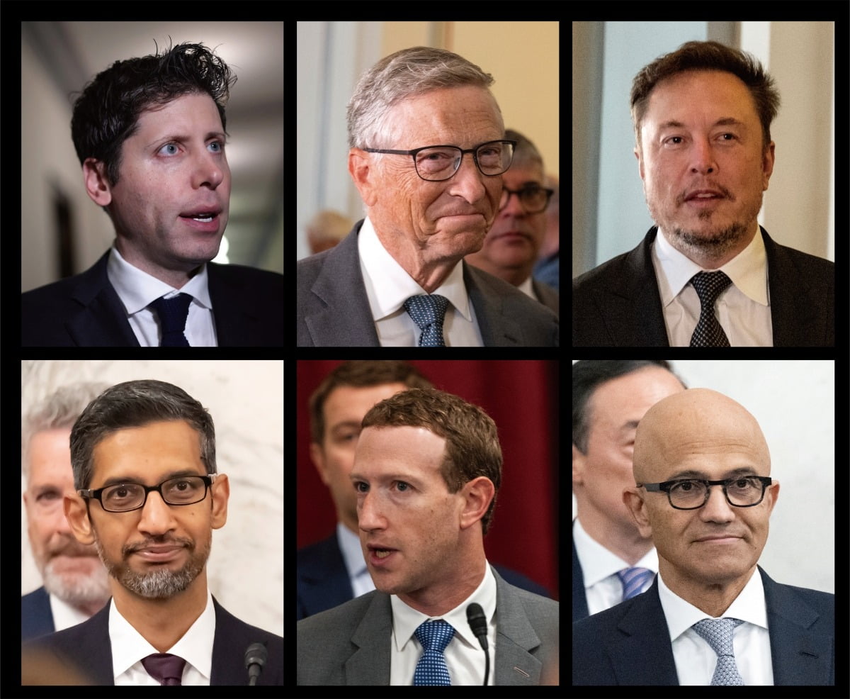 왼쪽 위부터 샘 올트먼 오픈AI CEO, 빌 게이츠 MS 창업자, 일론 머스크 테슬라 CEO, 사티아 나델라 MS CEO, 마크 저커버그 메타 CEO, 순다르 피차이 구글 CEO.