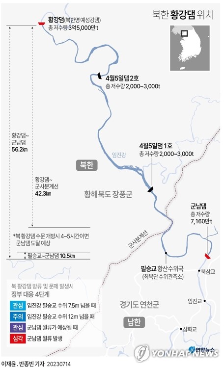 북 황강댐 최근 이틀간 방류 정황 위성사진에 포착