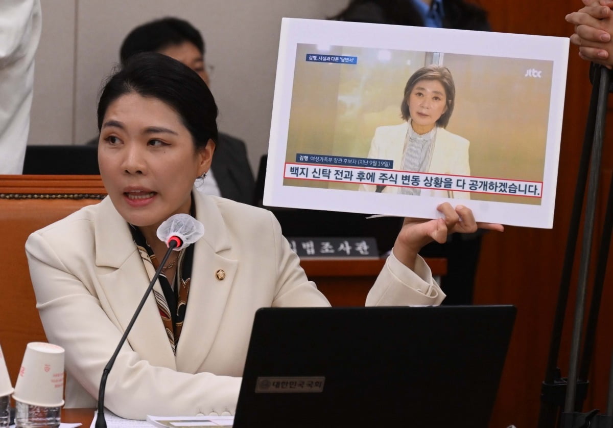 신현영 더불어민주당 의원이 5일 국회에서 열린 인사청문회에서 김행 여성가족부 장관에게 질의하고 있다./김병언 기자