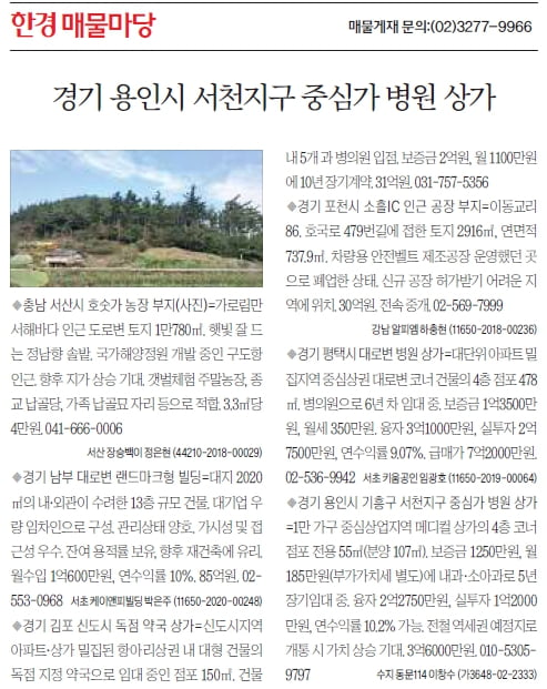 [한경 매물마당] 경기 용인시 서천지구 중심가 병원 상가 등 6건