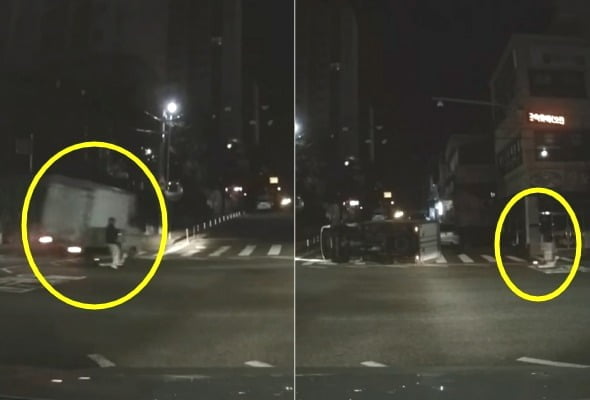 여중생이 탑승한 전동킥보드를 피하는 트럭(왼쪽), 전복된 트럭을 보고도 지나치는 여중생(오른쪽). /사진=유튜브 채널 '한문철TV' 캡처