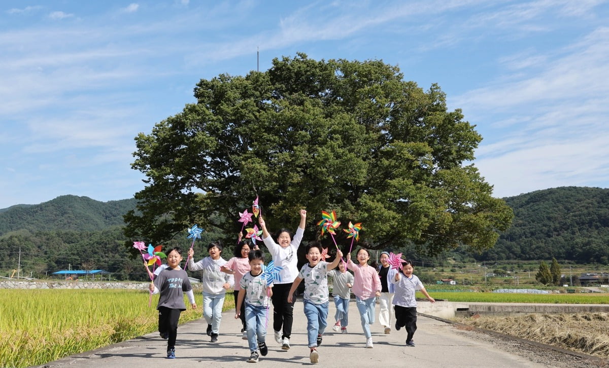 경상남도 합천군 야로면에 있는 500년 된 느티나무 앞에서 야로초등학교 학생들이 달리고 있다. 6학년까지 총 32명인 이 학교의 1학년은 단 두 명이다.  /강은구 기자