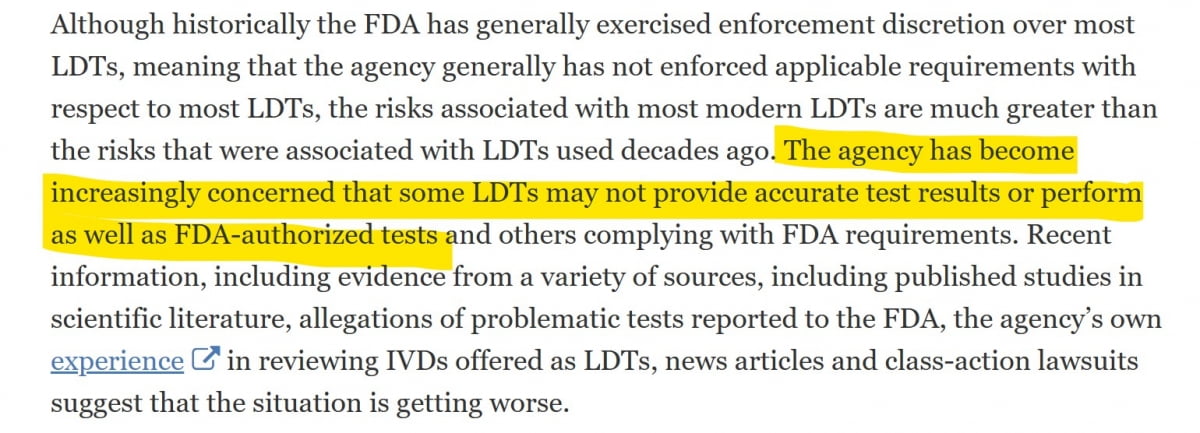 클리아랩 LDT 검사가 광범위하게 쓰이고 있는 반면 FDA 승인을 거친 검사만큼 정확성이 보장되지 않아 우려된다는 FDA 입장. FDA 공식 홈페이지