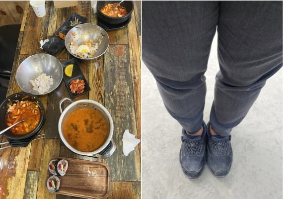 식당 사장의 지적에 제보자가 밥을 먹다 남기고 나온 상황(오른쪽), 당시 제보자가 신고 있던 신발(오른쪽). /사진=온라인 커뮤니티 캡처