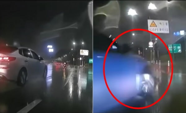 정상 주행 중이던 오토바이 앞으로 택시가 끼어들기 전 모습(왼쪽), 갑자기 차선을 변경한 택시와 충돌 사고가 난 상황(오른쪽). /사진=유튜브 채널 '한문철 TV' 캡처