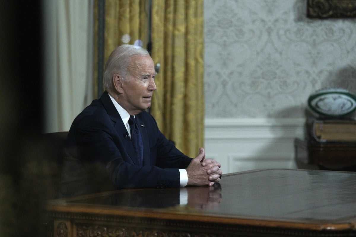 조 바이든 미국 대통령이 19일(현지시간) 백악관에서 이스라엘-하마스 분쟁과 우크라이나-러시아 전쟁 등에 대한 대국민 연설을 하고 있다. UPI
