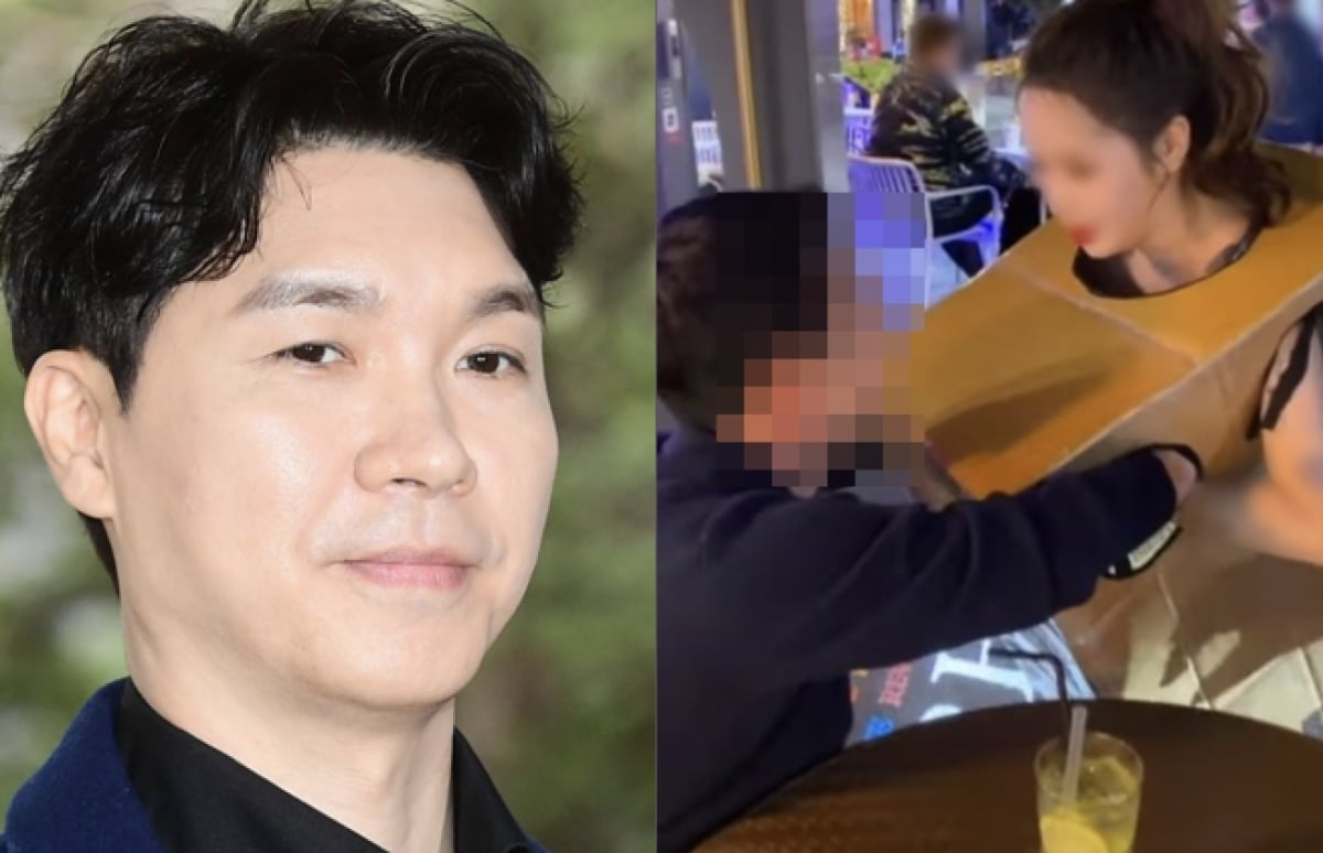 방송인 박수홍(왼쪽)과 '압구정 박스녀'로 불리는 여성이 최근 서울 강남 한복판에서 행인들에게 박스 안으로 손을 넣어 자신의 가슴을 만지게 한 이벤트를 벌이는 모습. /사진=한경DB, '압구정 박스녀' 인스타그램