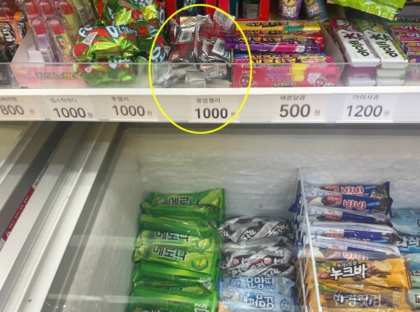 한 무인 아이스크림 매장에서 싸먹는 젤리 제품과 아이스크림을 함께 판매하는 모습. /사진=김세린 기자