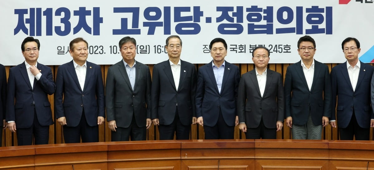 22일 국회에서 열린 고위당정협의회에서 한덕수 국무총리, 김기현 국민의힘 대표를 비롯한 참석자들이 기념사진을 찍고 있다.사진=최혁 기자