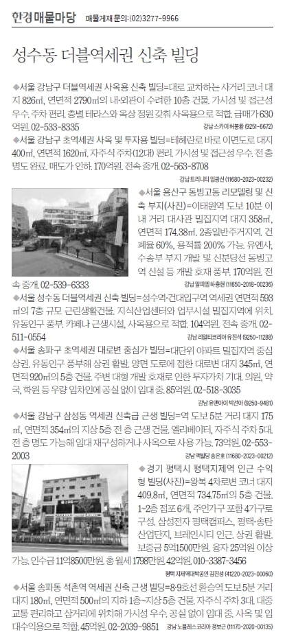 [한경 매물마당] 성수동 더블역세권 신축 카지노리거 등 8건