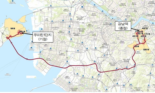 영종 우미린1단지~강남역  M버스 노선도. 국토교통부 대도시권광역교통위원회 제공