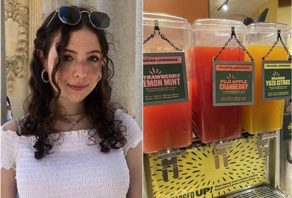 유족 측이 공개한 고카페인 레모네이드를 먹고 숨진 대학생의 생전 모습(왼쪽), 문제가 된 레모네이드(오른쪽). /사진=페이스북, 트위터 캡처