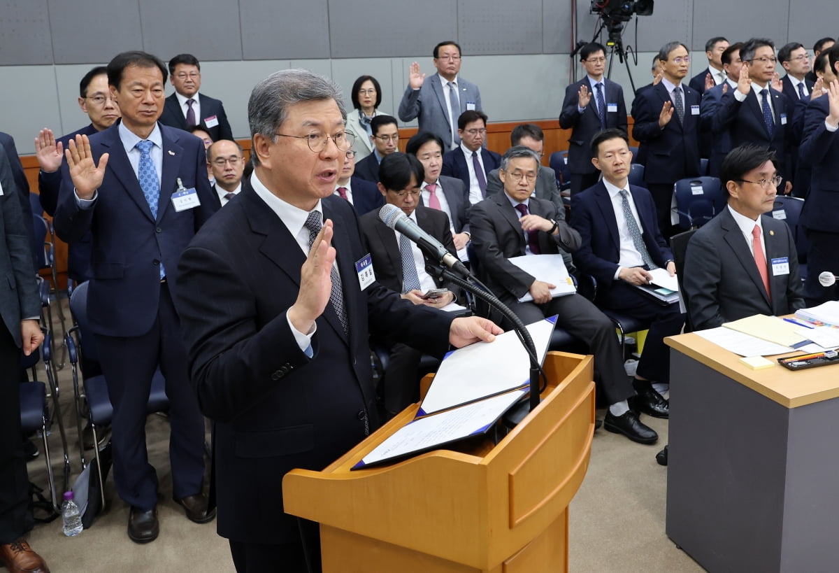 김복철 국가과학기술연구회(NST) 이사장이 24일 대전 한국전자통신연구원에서 열린 국회 국정감사에서 피감기관을 대표해 선서하고 있다. 사진=연합뉴스