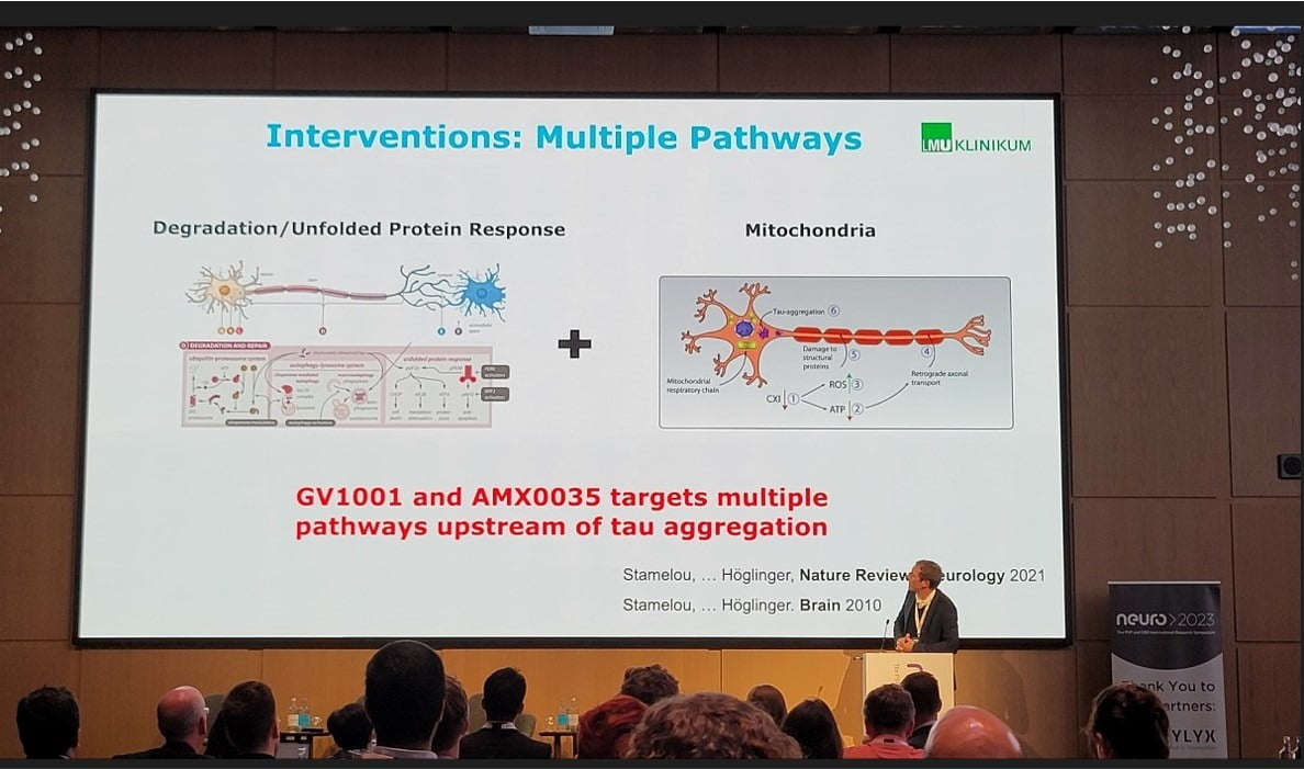 군터 호글링거 루드비히 막시밀리안스대 박사가  ‘뉴로2023’(Neuro2023)에서 GV1001의 다중 기전에 대해 설명하고 있다. 사진 제공=젬백스