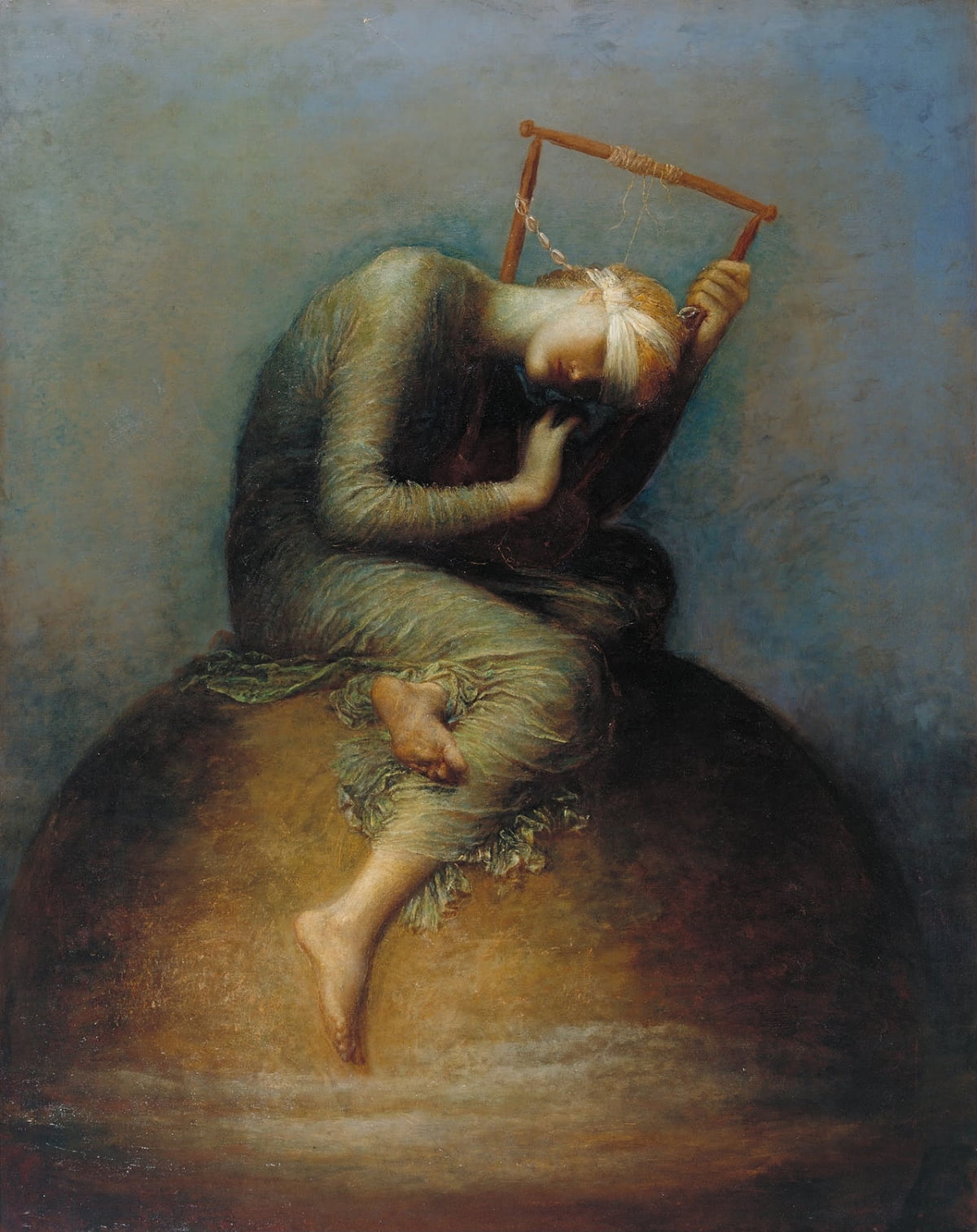 희망(1886). 손녀를 잃은 슬픔을 담은 그림이다. 와츠는 자신의 작품을 이렇게 설명하고 있다. "지구본 위에 앉아있는 희망, 두 눈엔 붕대를 감은 채 줄이 하나만 남은 리라를 연주하는 것. 어떻게든 온 힘을 다해 작은 소리를 내서 음악을 들으려는 것."/테이트