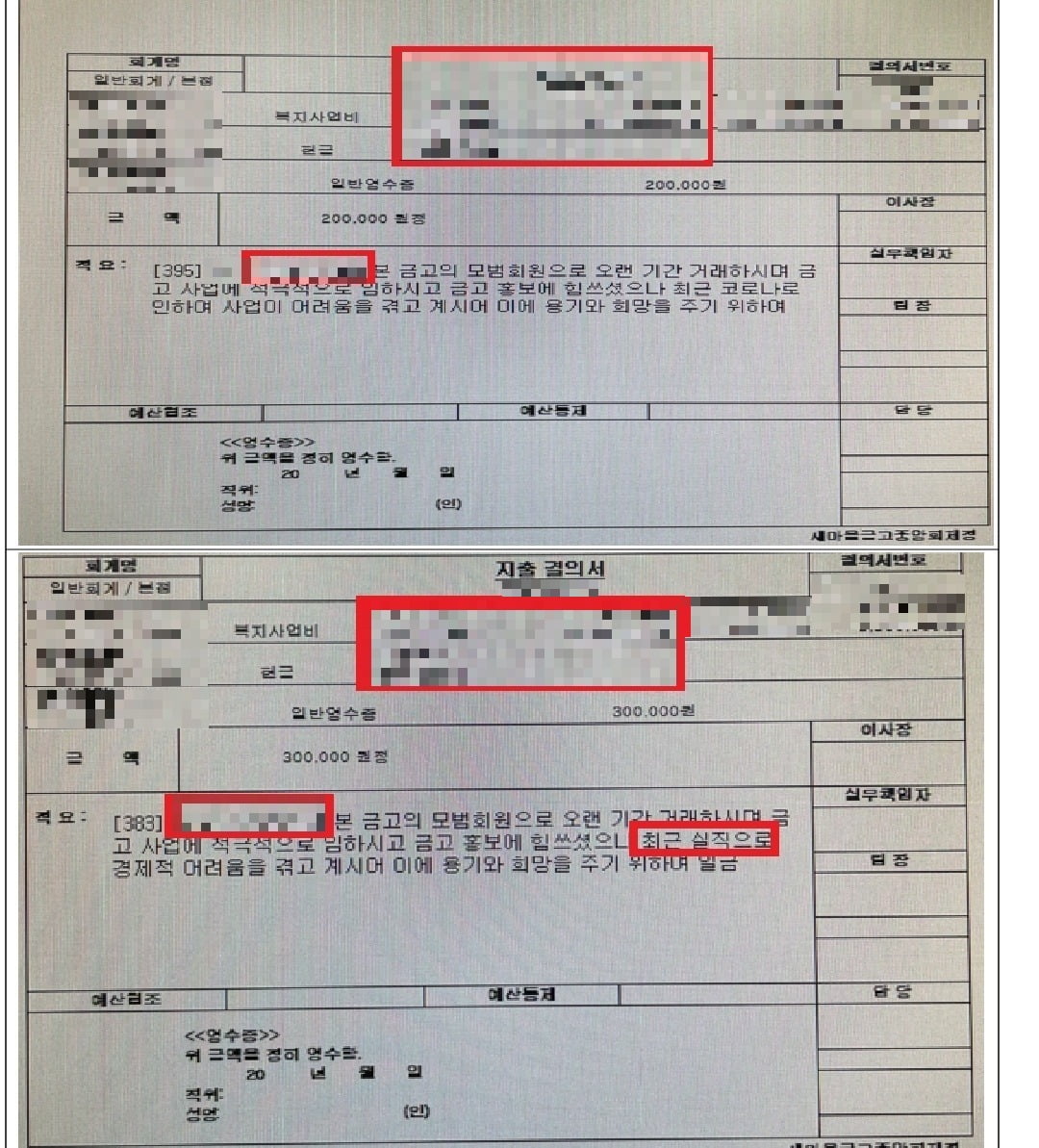 서울 삼선동 S새마을금고(현재 동선동으로 이전)에서 만든 복지사업비 영수증. 수령자들이 각각 코로나19로 사업이 어려움에 처했다거나 실직으로 경제적 곤란을 겪고 있다는 내용이 들어있다. 그러나 이 실제 이들은 사업을 하거나 직장을 잃은 적이 없다. 허위로 복지사업비를 끊었다는 의심이 드는 대목이다. 복지사업비 역시 이들에게 지급된 적이 없다.