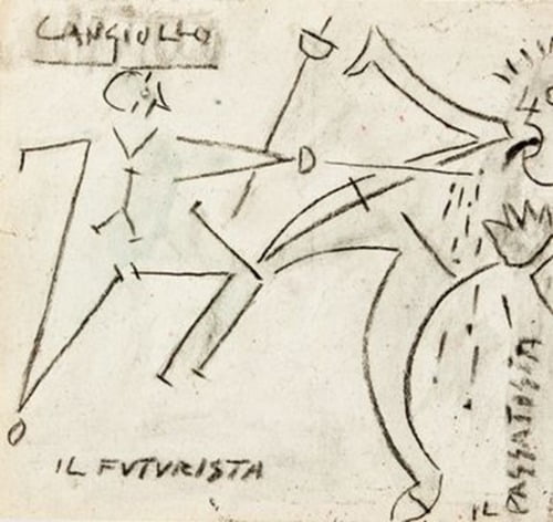 프란체스코 칸줄로, <미래주의자-전통주의자>, 1916년. 미래주의자(좌)의 펜싱검이 전통주의자(우)를 찌르는 모습이다.
등장인물은 모두 각종 숫자와 알파벳으로 표현되었으며, 상처에서 흐르는 피도 느낌표를 연상케 한다.