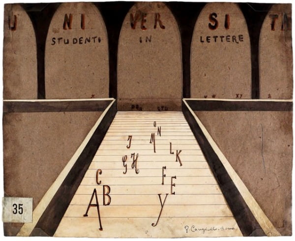 칸줄로, <대학 : 문학도>, 1915, 나무 위에 구아슈, 펜, 44.2 x 35.5 cm. 1922년. 토리노 미래파 전시에 출품한 이 작품에서는 각 알파벳을 의인화하여 표현했다.