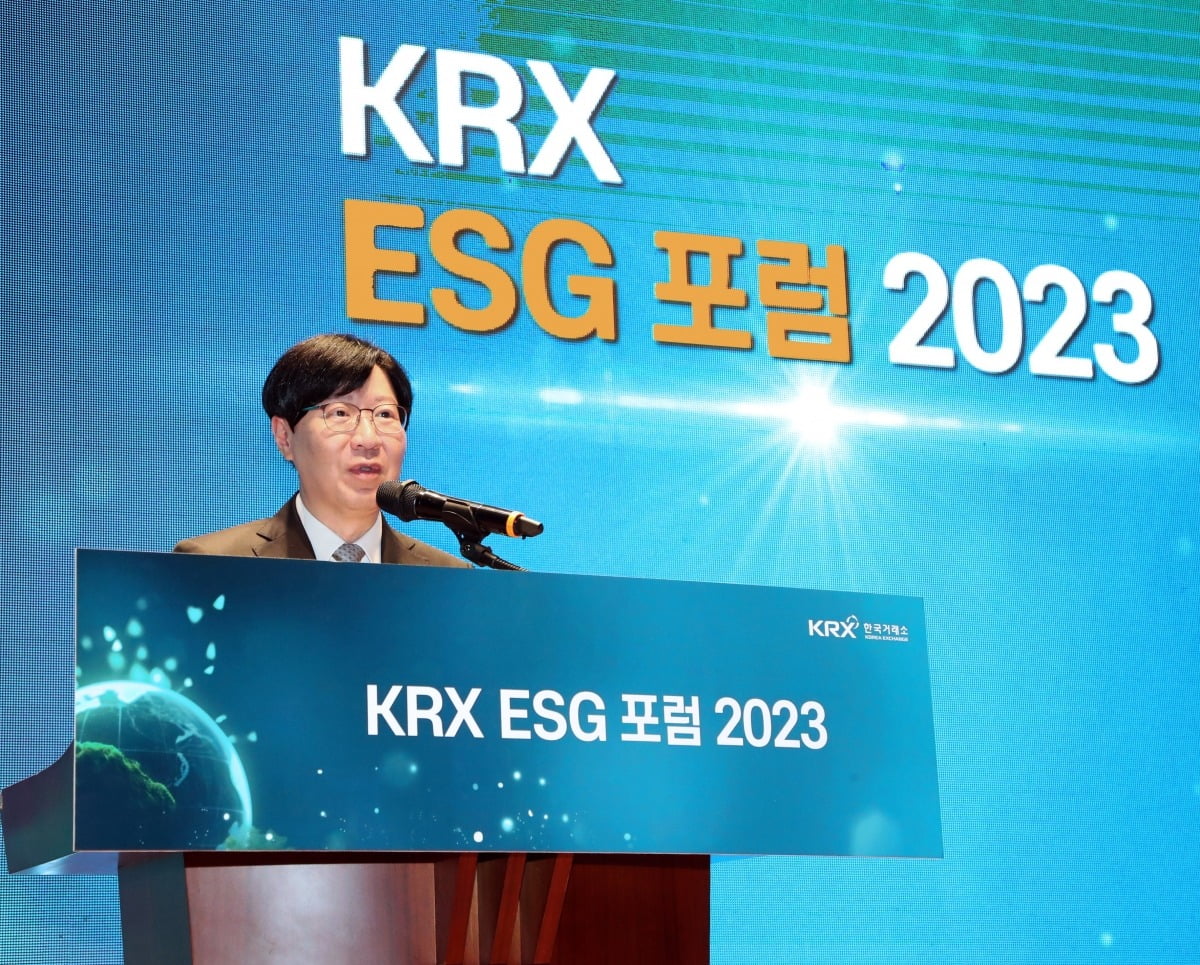 김소영 금융위원회 부위원장이 31일 서울 영등포구 한국거래소에서 '바람직한 국내 ESG 공시제도 도입 방향'이라는 주제로 열린 KRX ESG 포럼 2023에서 축사하고 있다. 뉴스1