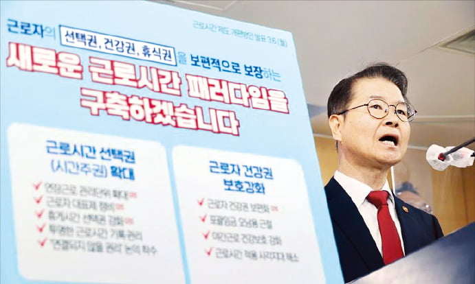 이정식 고용노동부 장관이 지난 3월 6일 정부서울청사에서 근로시간제도 개편 방안을 발표하고 있다. 당시 윤석열 대통령은 보완을 지시했고 고용부는 다음달 중순께 수정안을 발표할 예정이다. 한경DB 