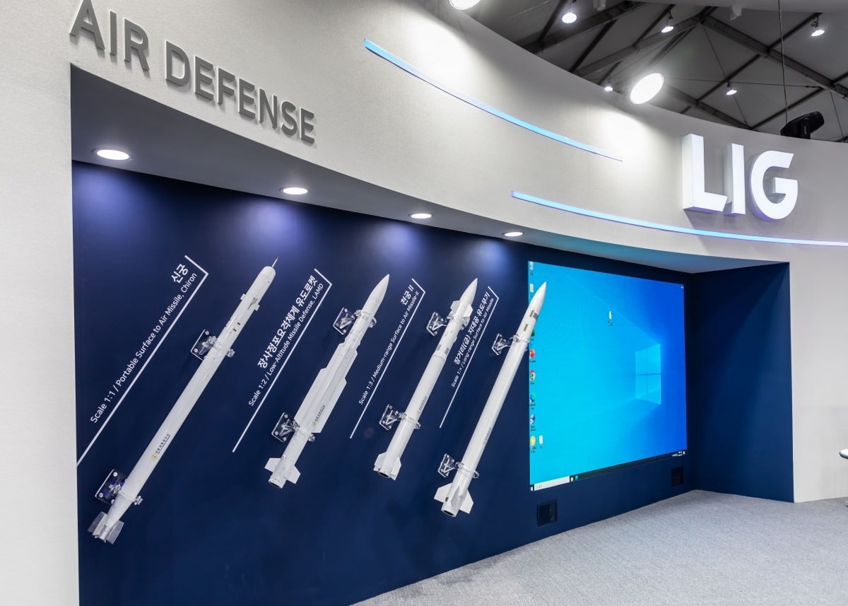 LIG넥스원이 아덱스(ADEX 2023)에 참가해 대공방어체계를 선보이고 있다. 왼쪽부터 신궁, 장사정포요격체계 유도로켓, 천궁Ⅱ, 장거리(급) 지대공 유도무기. 사진=LIG넥스원 제공